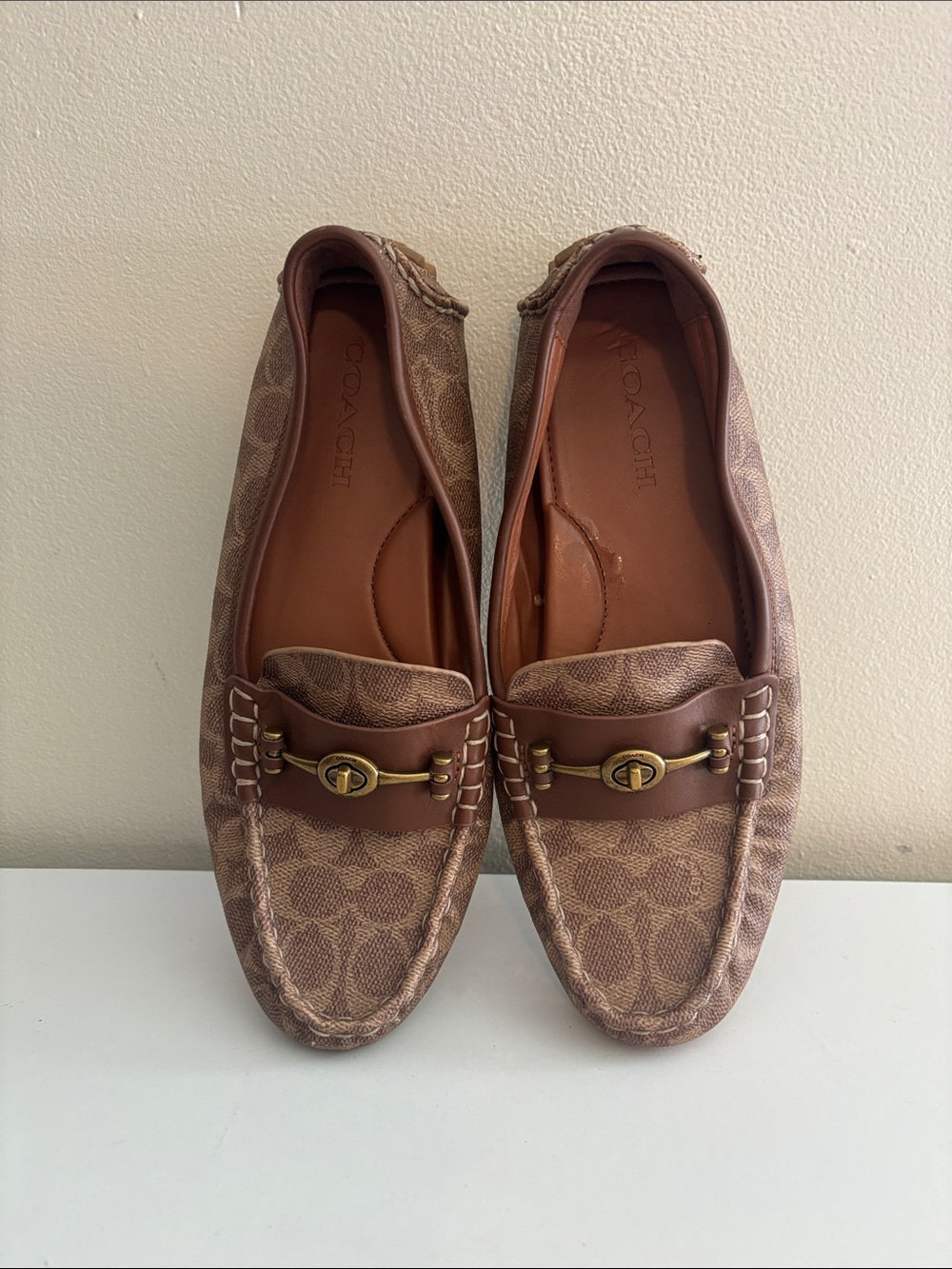 Coach Women’s Brown Signature Canvas Slip-On Loafers with Gold Hardware